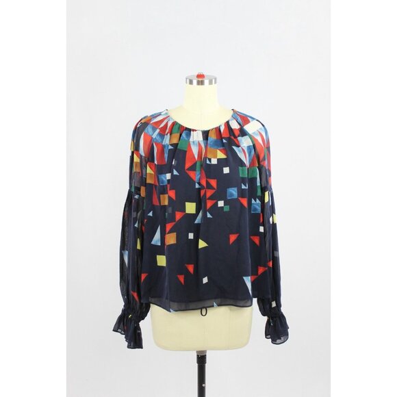JOIE Burella Navy Geometric Print 100% Silk Georgette Ruffle Blouse, Size S - Picture 2 of 14